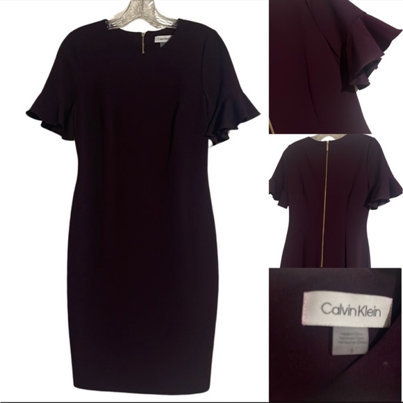Calvin Klein Short Flutter Sleeve Exposed Zipper Sheath Dress plum purple - Picture 4 of 7